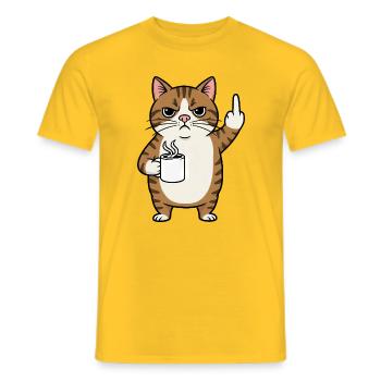 Annoyed cat with coffee and middle finger cartoon - Men's T-Shirt - yellow - Front - AI Model Male 178 dark (178cm)