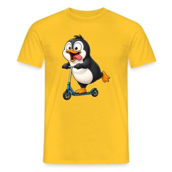 Cute Penguin Cartoon on Scooter - Men's T-Shirt - yellow - Front - AI Model Male 178 dark (178cm)