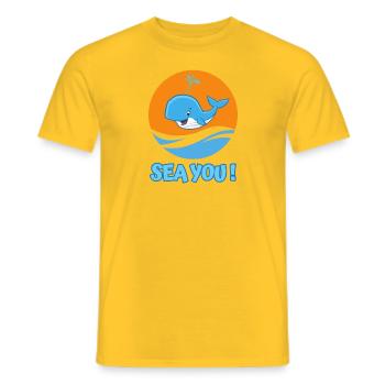 Whale in the sea greets with "Sea you!" - Men's T-Shirt - yellow - Front - AI Model Male 178 dark (178cm)