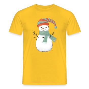 Whimsical Snowman with Teal Scarf. Christmas  - Men's T-Shirt - yellow - Front - AI Model Male 178 dark (178cm)