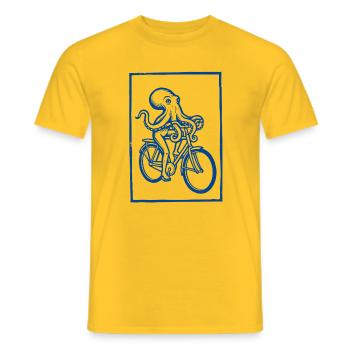 Octopus on Bicycle Linocut Print Funny - Men's T-Shirt - yellow - Front - AI Model Male 178 dark (178cm)