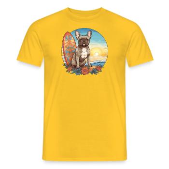 French Bulldog surfing - Men's T-Shirt - yellow - Front - AI Model Male 178 dark (178cm)