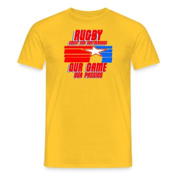 Rugby Brotherhood: Sweat, Passion & Gift - Men's T-Shirt - yellow - Front - AI Model Male 178 dark (178cm)