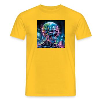 Cyberpunk Skull with Technology Quotes - Men's T-Shirt - yellow - Front - AI Model Male 178 dark (178cm)