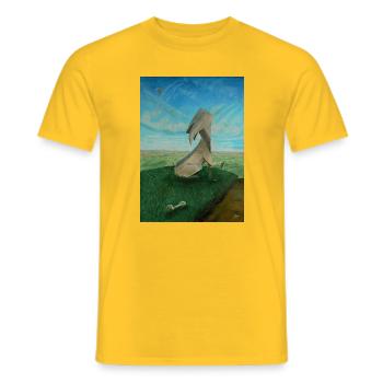 Chien marteau-potelet abstrait en acier dans un paysage surréaliste - T-shirt homme - jaune - Devant - AI Model Male 178 dark (178cm)