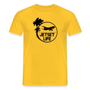 island palm sea sun jetset stamp circle round - Men's T-Shirt - yellow - Front - AI Model Male 178 dark (178cm)