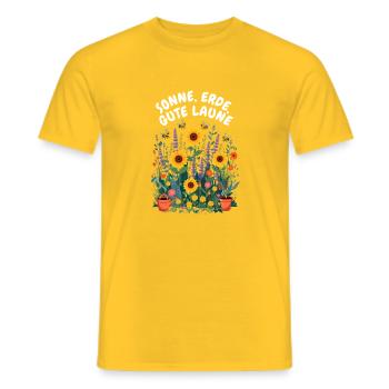 Sonne, Erde, gute Laune – Fröhliches Gärtner  - Männer T-Shirt - Gelb - Vorne - AI Model Male 178 dark (178cm)