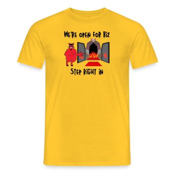 We’re open for biz. Step right in. - Men's T-Shirt - yellow - Front - AI Model Male 178 dark (178cm)