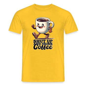 Shut Up Coffee Mug Funny Gift - Men's T-Shirt - yellow - Front - AI Model Male 178 dark (178cm)