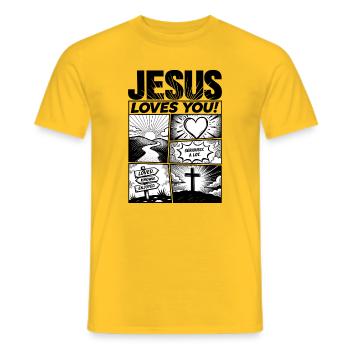 Conception de bandes dessinées « Jésus t’aime » - T-shirt homme - jaune - Devant - AI Model Male 178 dark (178cm)