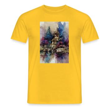 Aquarellgarten der blauen Pagode - Männer T-Shirt - Gelb - Vorne - AI Model Male 178 dark (178cm)