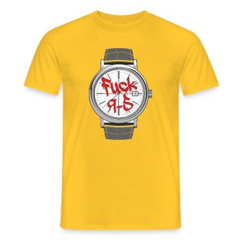 Fuck 9 to 5 o'clock statement work is annoying - Men's T-Shirt - yellow - Front - AI Model Male 178 dark (178cm)