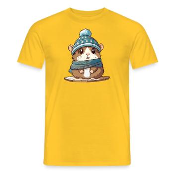 Niedlicher Hamster mit Schal und Pudelmütze. - Männer T-Shirt - Gelb - Vorne - AI Model Male 178 dark (178cm)