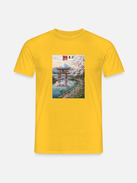 Koi, Torii und Kirschblüten am Fuji - Männer T-Shirt - Gelb