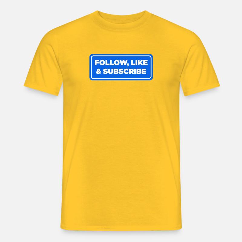 Folgen, Liken & Abonnieren - blaues Label-Zeichen - Männer T-Shirt - Gelb