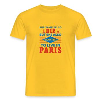 SHE WANTED TO DIE BUT SHE ALSO WANTED TO LIVE IN - Men's T-Shirt - yellow - Front - AI Model Male 178 dark (178cm)