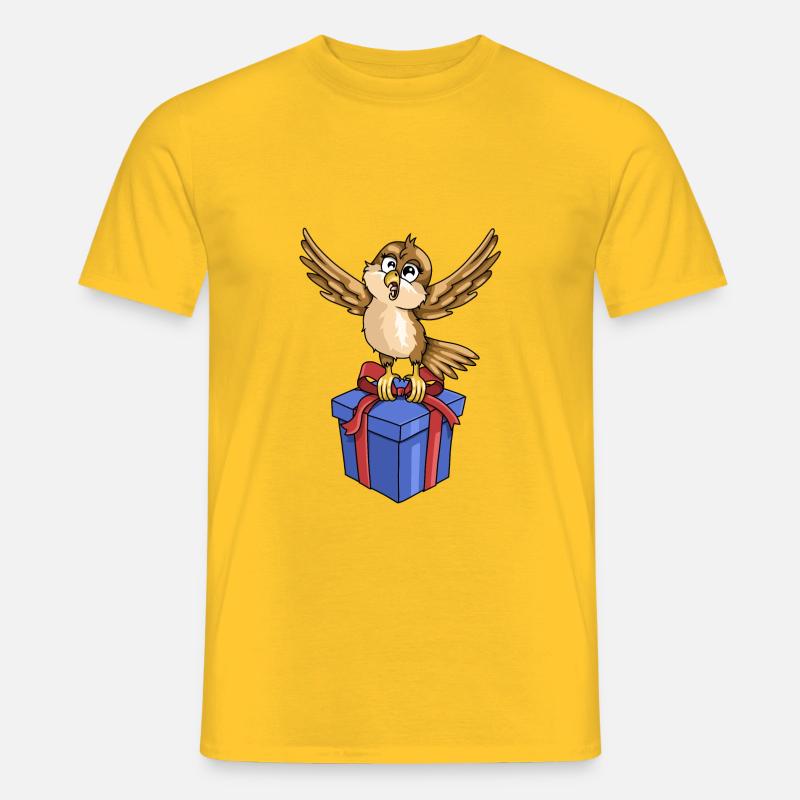 Lustiger Vogel mit Geschenk - Männer T-Shirt - Gelb