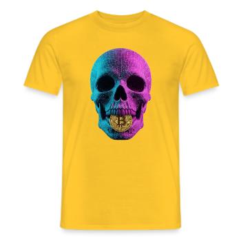 Bitcoin Skull Wireframe Design Cyan Magenta - Männer T-Shirt - Gelb - Vorne - AI Model Male 178 dark (178cm)