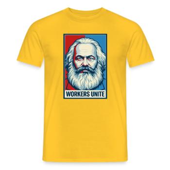 Marx Portrait: Workers Unite Poster - Men's T-Shirt - yellow - Front - AI Model Male 178 dark (178cm)
