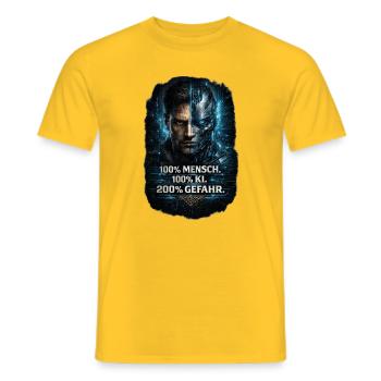 100% Mensch. 100% KI. 200% Gefahr - Männer T-Shirt - Gelb - Vorne - AI Model Male 178 dark (178cm)