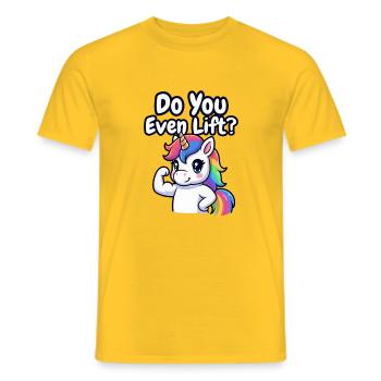 Unicorn Gym, hebst du überhaupt Gewichte? - Männer T-Shirt - Gelb - Vorne - AI Model Male 178 dark (178cm)