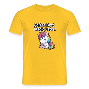 Coffee First, Magic Later Unicorn - Men's T-Shirt - yellow - Front - AI Model Male 178 dark (178cm)