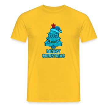 Blue cartoon Christmas tree with glasses - Men's T-Shirt - yellow - Front - AI Model Male 178 dark (178cm)