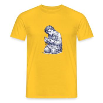 Kneeling Craftsman | Hand Painted Drawing - Men's T-Shirt - yellow - Front - AI Model Male 178 dark (178cm)