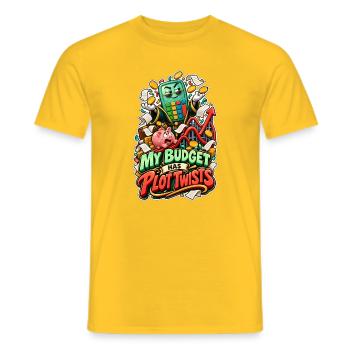 My Budget Has Plot Twists Calculator Comic - Men's T-Shirt - yellow - Front - AI Model Male 178 dark (178cm)