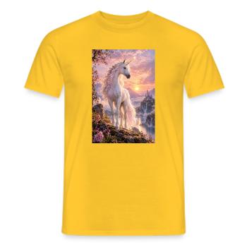 Pastelleinhorn bei Sonnenuntergang über der Burg - Männer T-Shirt - Gelb - Vorne - AI Model Male 178 dark (178cm)