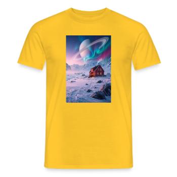 Aurora-Hütte unter dem Ringplaneten - Männer T-Shirt - Gelb - Vorne - AI Model Male 178 dark (178cm)
