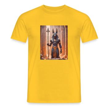 Anubis, jackal-headed god, standing in a dimly - Men's T-Shirt - yellow - Front - AI Model Male 178 dark (178cm)