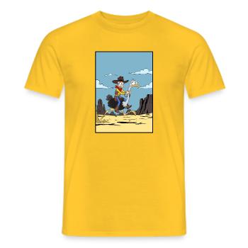Cowboy reitet Emu in der Wüste - Männer T-Shirt - Gelb - Vorne - AI Model Male 178 dark (178cm)