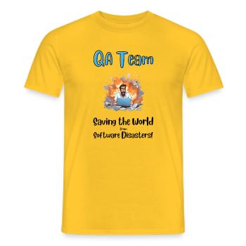 QA Team - Saving the World from Software Disasters - Men's T-Shirt - yellow - Front - AI Model Male 178 dark (178cm)