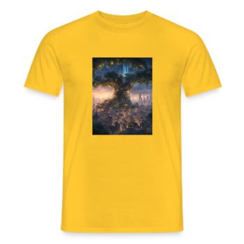Beautiful elf tree with a small village - Men's T-Shirt - yellow - Front - AI Model Male 178 dark (178cm)
