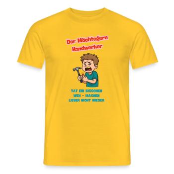 The Would-be Craftsman Comic Caricature - Men's T-Shirt - yellow - Front - AI Model Male 178 dark (178cm)