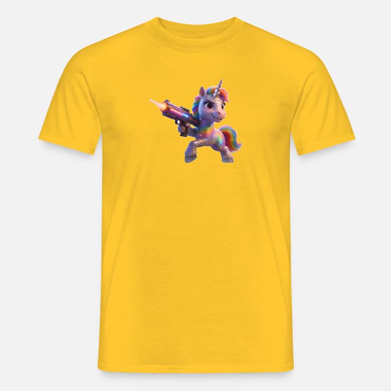 Regenbogen-Einhorn mit Laserpistole - Männer T-Shirt - Gelb