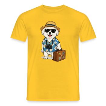 Travel dog with camera in Hawaiian look - Men's T-Shirt - yellow - Front - AI Model Male 178 dark (178cm)