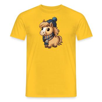 Cute pony with scarf and bobble hat. - Men's T-Shirt - yellow - Front - AI Model Male 178 dark (178cm)