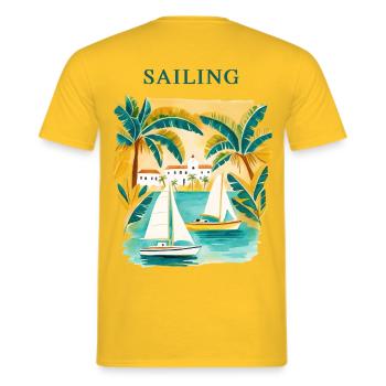 Tropischer Segeltraum am Hafen - Männer T-Shirt - Gelb - Hinten - AI Model Male 178 dark (178cm)
