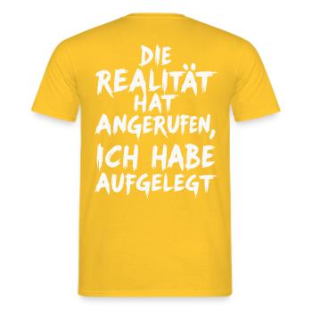 Die Realität - Männer T-Shirt - Gelb - Hinten - AI Model Male 178 dark (178cm)