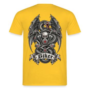 Biker – Totenkopf, Schlange & dunkle Flügel - Männer T-Shirt - Gelb - Hinten - AI Model Male 178 dark (178cm)