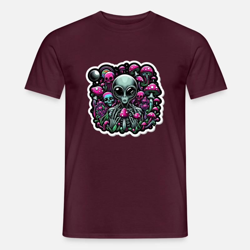 Psychedelischer Alien mit Pilzen - Männer T-Shirt - Ziegelrot