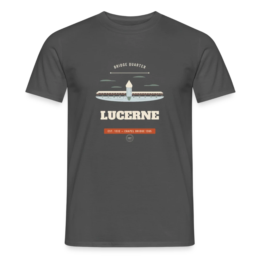 Lucerne badge on a men's t-shirt, charcoal grey