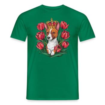 Cartoon Basenji Dog with Crown and Tulips - Men's T-Shirt - kelly green - Front - AI Model Male 178 dark (178cm)