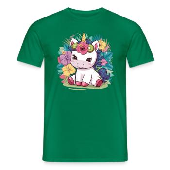 Cartoon Kawaii Einhorn mit Kiwi und Hibiskus - Männer T-Shirt - Kelly Green - Vorne - AI Model Male 178 dark (178cm)