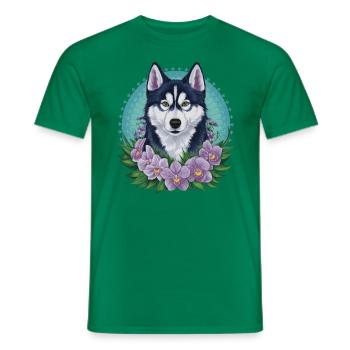 Cute cartoon husky with pretty orchids - Men's T-Shirt - kelly green - Front - AI Model Male 178 dark (178cm)