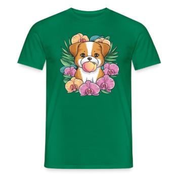 Kawaii Cartoon Hund mit Pfirsich und Orchideen - Männer T-Shirt - Kelly Green - Vorne - AI Model Male 178 dark (178cm)