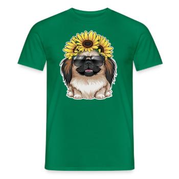 Summery sunflower motif with sweet Pekingese. - Men's T-Shirt - kelly green - Front - AI Model Male 178 dark (178cm)