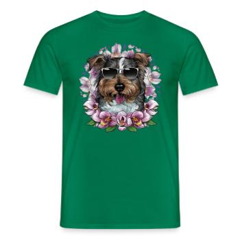 Norfolk Terrier with Sunglasses and Orchids - Men's T-Shirt - kelly green - Front - AI Model Male 178 dark (178cm)